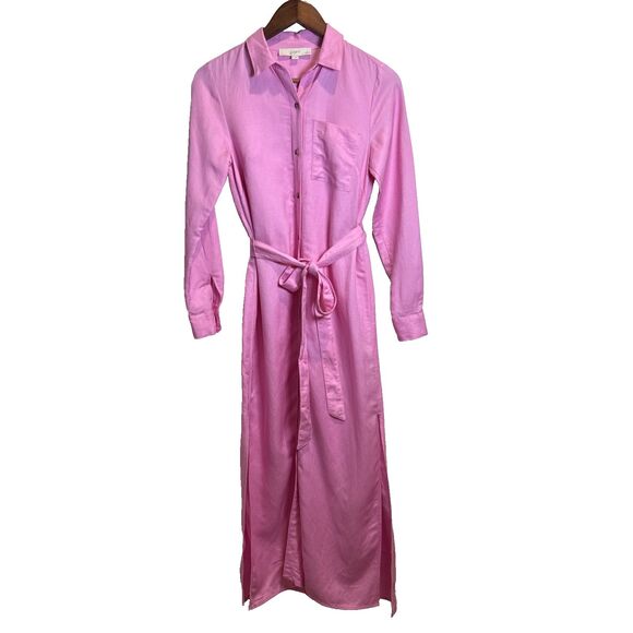 Loft Dress Pink Long Sleeve Belted Shirt Dress Linen Blend Women's Size 0 Petite - Picture 1 of 16